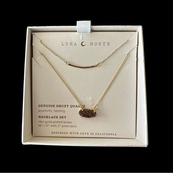 Luna Norte Geniune Druzy Quartz Positivity Healing Gold Plated Brass 16” &  17” - Picture 1 of 3